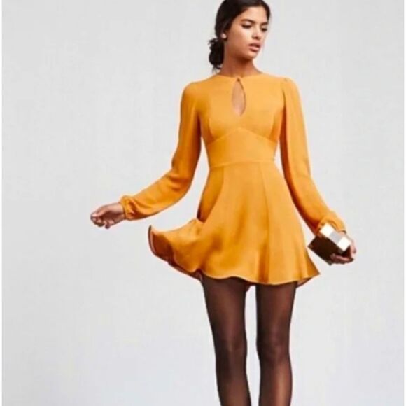 Reformation Delancey Rare Goldenrod Mustard Longsleeve Keyhole Mini Flare Sz 12 - Picture 1 of 13